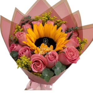 Buquet de Girasol y Rosas Rosadas con eucalipto 43