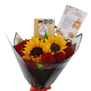 Bouquet de rosas y girasoles