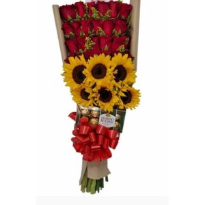 Buquet de rosas y girasoles